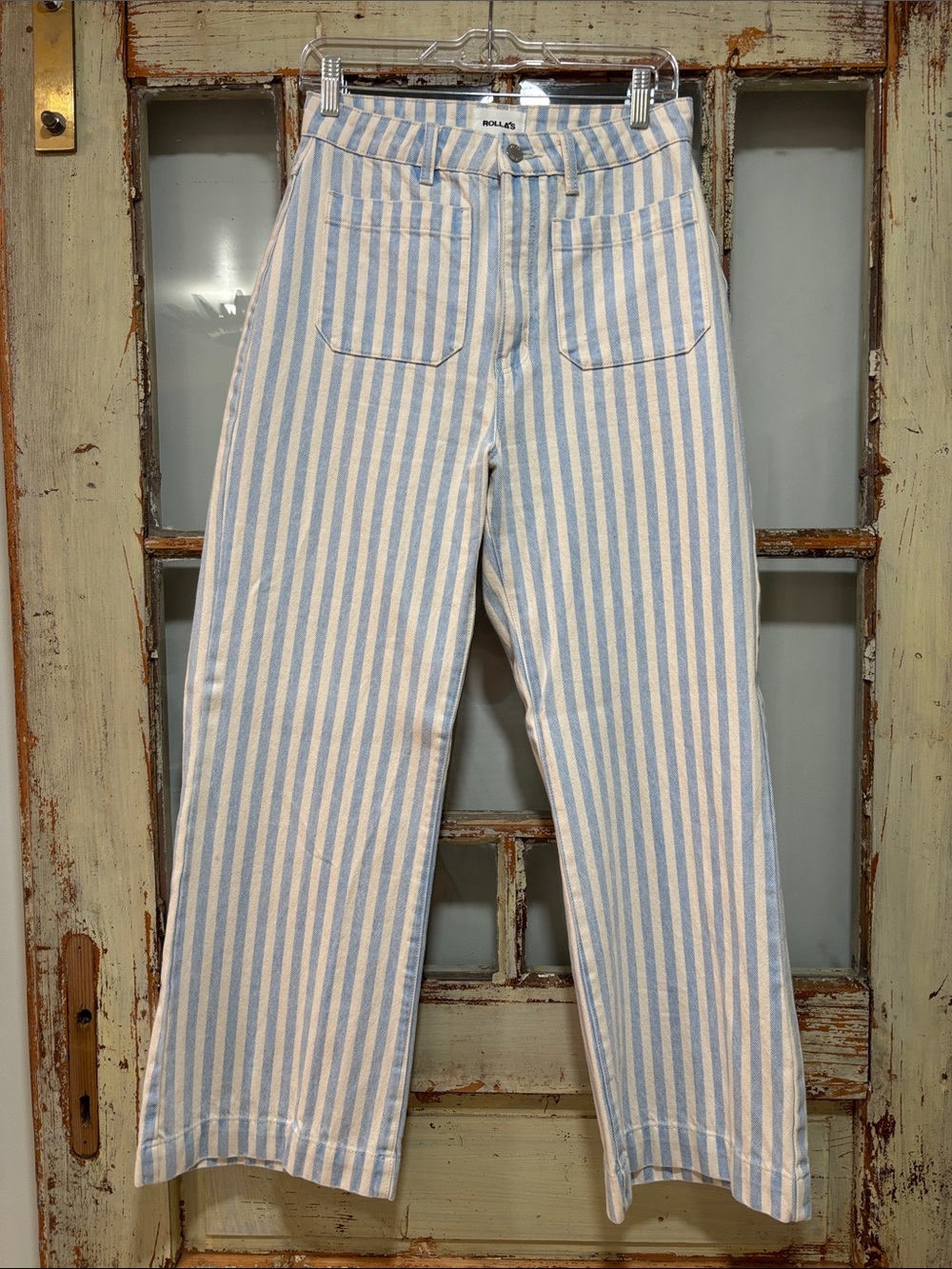 ROLLA'S Light Blue and White Vertical Stripe Wide Leg Jeans